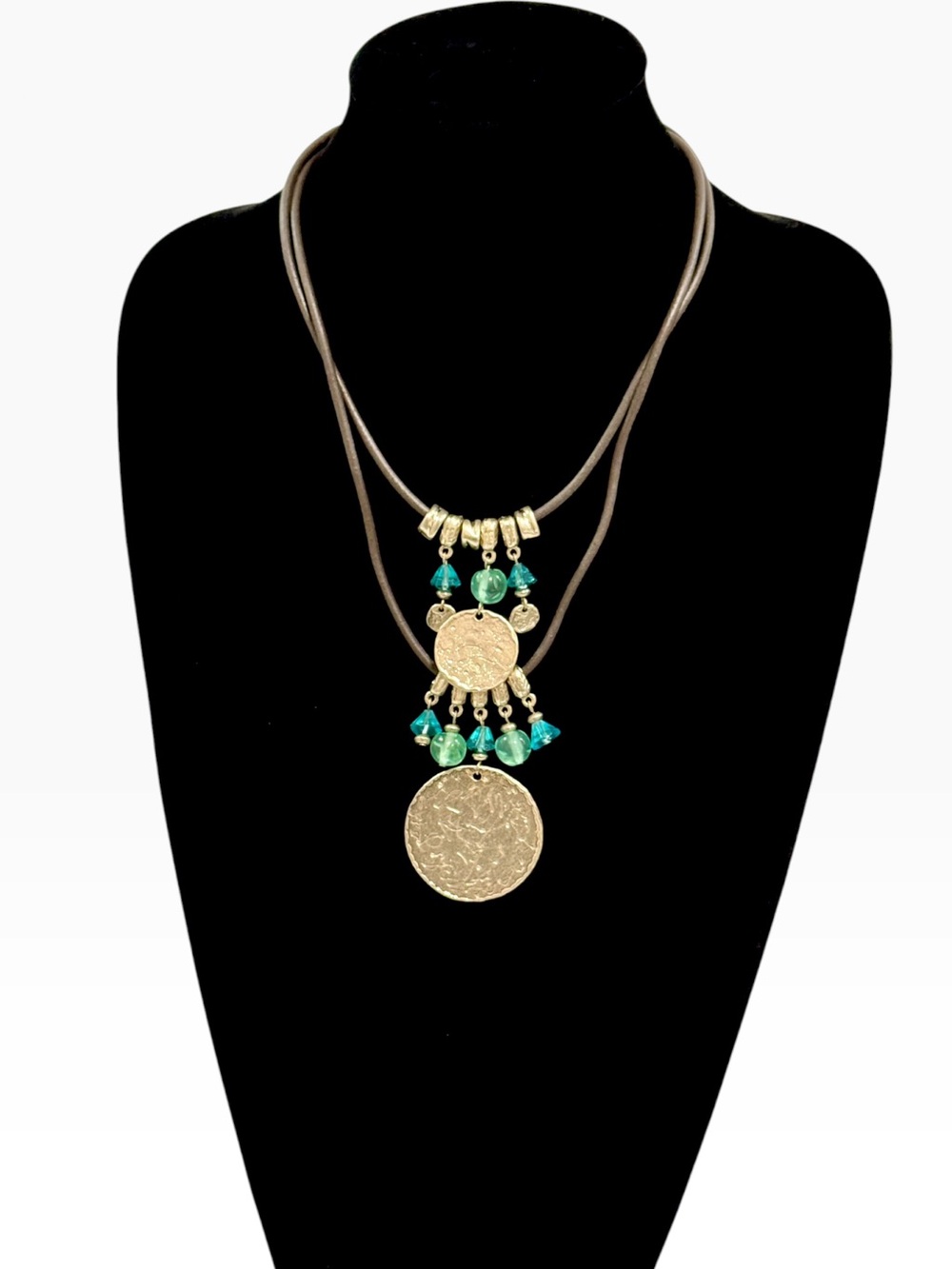 Chico’s Blue & Green Sea Glass Layered Medallion Cord Necklace NWT